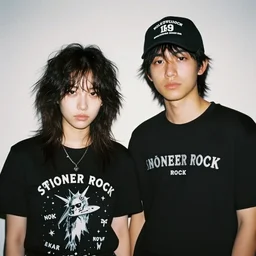 19-year-old girl with shaggy hair standing next to 19-year-old boy with baseball cap, stoner rock and nü metal coexisting, 2022 photograph