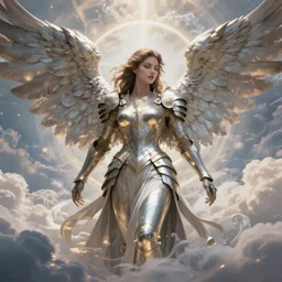 A beautiful and fierce angel wearing battle armor and wings among heavenly clouds, intricate, elegant, highly detailed, digital painting, artstation, concept art, smooth, sharp focus, illustration, art by artgerm and greg rutkowski and alphonse mucha