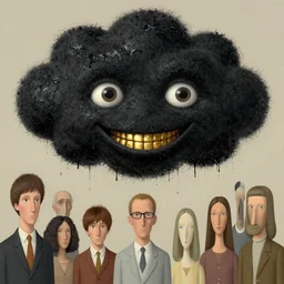 a still frame illustration of a black rough ugly wet fluffy cloud with human eyes, smiling with golden teeth by quint buchholz, cheng hsiao - ron, wes anderson, fujita goro, edward hopper, rene magritte, simon stalenhag, fine details, ornate, simon stalenhag and henry rousseau