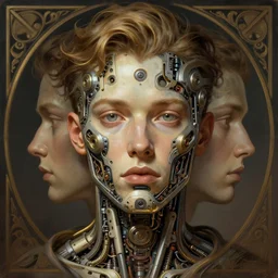 symmetry!! portrait of zahn mcclarnon, machine parts embedded into face, intricate, elegant, highly detailed, digital painting, artstation, concept art, smooth, sharp focus, illustration, art by artgerm and greg rutkowski and alphonse mucha, 8 k