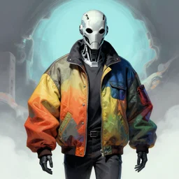 illustration of scientist in cyborg mask wearing baggy colorful 9 0 s rick owens jacket entering the dream realm by frank frazetta.