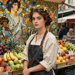 a masterpiece ultrarealistic ultradetailed portrait of beautiful love fishmonger girl on fruits street market baroque renaissance. medium shot, intricate, elegant, by stanley artgerm lau, wlop, alphonse mucha, rossdraws, andrei riabovitchev, yoshitaka amano. flower background my james jeand and takashi murakami.
