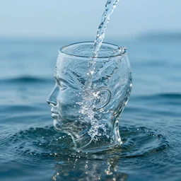 spilling water from a glass in the shape of a human head shape, on the ocean water, ray tracing, realistic water sharp focus, long shot, 8 k resolution, cinematic, amazing water art