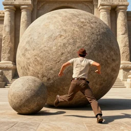 Indiana Jones running away from boulder trap, boulder chase, stone temple background, giant round stone chasing Indian Jones, raiders of the lost ark, made in abyss anime style