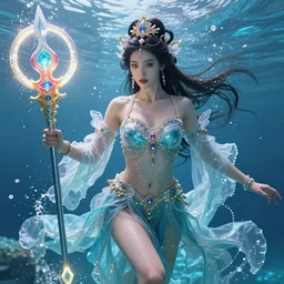 a beautiful female human god of water character, character is in all its glory under the water, character is centered on the image, character is holding powerful weapon, rim lights, highly detailed professional photo, dynamic lights, particles and crystals are flying, very deep depth of field, trending on artstation, illustration, hyper realistic, super detailed, colorful accents