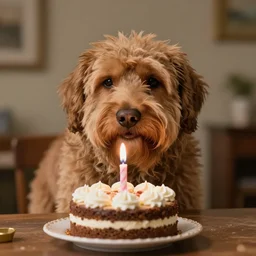 large brown shaggy dog blowing out a birthday cake, photorealistic, 3 5 degree shot, movie still, 4 k, 1 2 0 mm focus