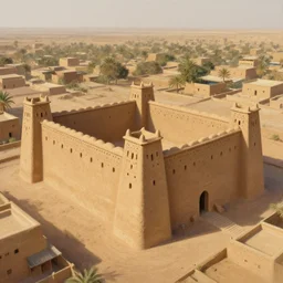 High-quality realist painting of an old West African castle made of mud bricks, Timbuktu, aerial view, very detailed, peaceful, digital art.