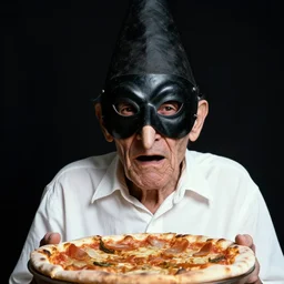portrait photo of an old wrinkled man, skinny face, bony face, long nose, crooked nose, large full mouth, black pulcinella masquerade mask, pointy conical hat, white wrinkled shirt, presenting pizza, black background, close - up, skin blemishes, menacing, intimidating, masterpiece by james van der zee