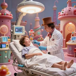 high quality documentary film still of an intensive care station in willy wonka's factory. happy human patient is getting treatment for the oompa loompa virus. all medical equipment is made out of magic candy. pastel hospital lighting. hospital is made out of wonka factory magic candy