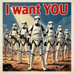 a propaganda poster made by the Galactic Empire recruiting stormtroopers to join the army, in the style of the “I want YOU” poster