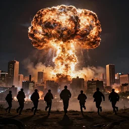 poeple on a hill watching and running away from a nuclear explosion destroying huge city at night, hyperdetailed, artstation, cgsociety, 8 k