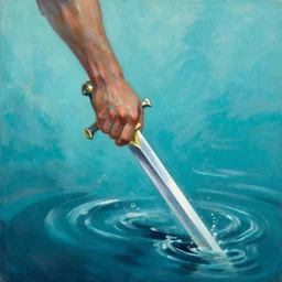 a beautiful painting of a hand holding a sword, appearing out of water by james gurney and craig mullins