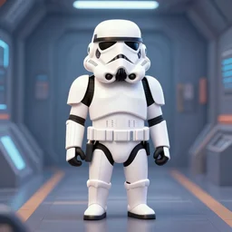 full body character, stormtrooper in a space station interior hallyway, trending on artstation, digital painting, cute nendroid, anime, disney, pixar, 8 k, hd, dof, kodak film, volumetric lighting, subsurface scattering, photorealistic, octane render, extreme details
