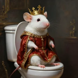 a fantasy portrait painting of an anthropomorphic white mouse dressed as a renaissance king with crown on head, sitting on a royal toilet, cinematic, beautiful lighting, dramatic