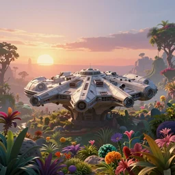 millenium falcon in the sky, sunrise in alien planet, full of vegetation, colourful plants, trees, beautiful matte painting, dreamy, high detail, artstation