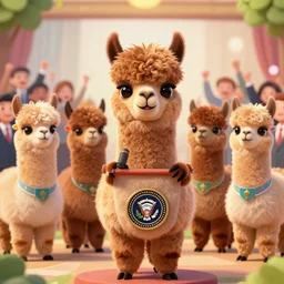 4 k highly detailed cute brown llama giving a presidential speech in front of a cheering crowd