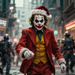 the joker as santaclaus in gears of war, splash art, warzone, dystopian, movie still, cinematic lighting, dramatic, octane render, long lens, shallow depth of field, bokeh, anamorphic lens flare, 8 k, hyper detailed, 3 5 mm film grain