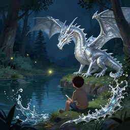 a silver dragon and a boy sitting together next to a lake watching firefly, night, forest, league of legends splash art