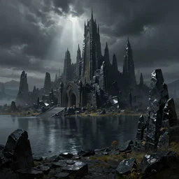 a city like minas tirith built with black obsidian stones near a lake, matte painting by greg rutkowski and craig mullins, trending on artstation, digital art, cinematic lightning,
