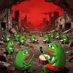 resolution 4k worlds of loss and depression red sky made in abyss design inside abandoned building Akihito Tsukushi design body pepe the frogs fighting in the civil war war , a platoon of pepe the frogs inside a bunker taking a selfie drummer boy pepe , desolated city ivory dream like storybooks, fractals , pepe the frogs at war, art in the style of and Oleg Vdovenko and Akihito Tsukushi