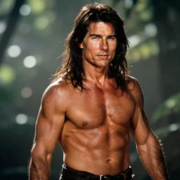 A studio color photo of Tom Cruise  as Tarzan in the style of Annie Leibovitz, bokeh, 90mm, f/1.4