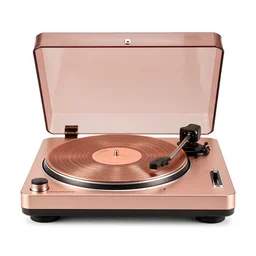 rose gold turntable, commercial catalog photo, isolated on a pure white background, centered, entire object in frame, sharp focus, soft studio lighting