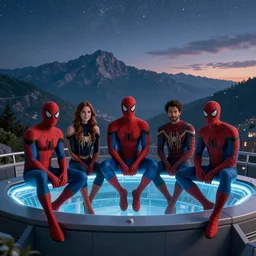 8 spiderman sitting in infinity pool finnish cabin environment. mountain background. photorealistic. ultra realistic. ultra high definition. 8 k. evening. starry sky.