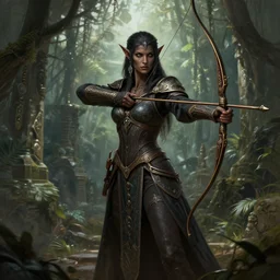 portrait of a female dark elf archer, elegant, intricate, full frontal shot, jungle ruins background, highly detailed, digital painting, artstation, concept art, sharp focus, illustration, art by artgerm and greg rutkowski and alphonse mucha