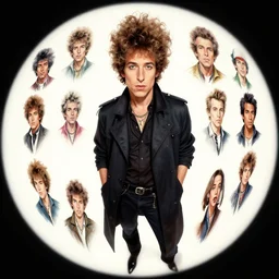 Bob Dylan design, character sheet, Kim Jung Gi, Greg Rutkowski, Zabrocki, Karlkka, Jayison Devadas, Phuoc Quan, trending on Artstation, 8K, ultra wide angle, zenith view, pincushion lens effect