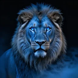 blue lion with glowing blue eyes, black background, blue mist, realistic, detailed