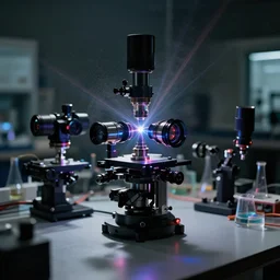 optical instruments mounted on a large table, extremely detailed optical lenses and devices diffracting colorful lasers, scientific laboratory experiments, photoreal, shape of a human head, new equipment, analog nikon photo, smoke, dust particles in the air, dark background, bokeh, defocus