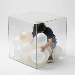 a person inflated to fill a perspex cube