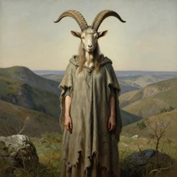 A detailed horned goatwoman stands among the hills. Wearing a ripped mantle, robe. Perfect faces, extremely high details, realistic, fantasy art, solo, masterpiece, art by Zdzisław Beksiński, Arthur Rackham, Dariusz Zawadzki