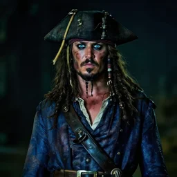 dark night time photo of a pirate captain with blue eyes and long brown bear and hair, faded worn blue coat and black hat, rugged and dirty, movie shot, color graded, 4k trailer