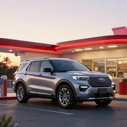 a ford explorer parked at a drive in movie theater at sunset, concept art, hyperrealistic, octane render, unreal engine 5, path traced, highly detailed, high quality, 8 k, dramatic lighting, cinematic, high coherence, symmetrical, high contrast, lens flare, godrays