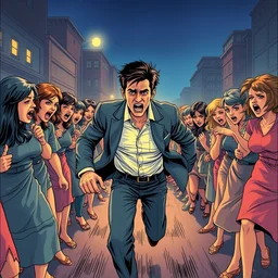 glossy old advertising poster of a man running towards the camera from a mob of angry women, night, drawn comic by junji ito, pastels, gradient,