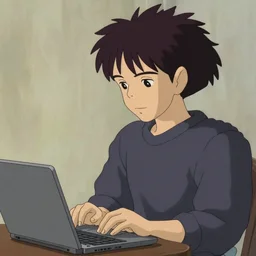 guy with shoulder length black hair and long sleeves using a laptop, tan skin, looking down, art by hayao miyazaki, studio ghibli film, twitter pfp