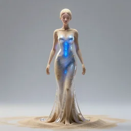a wonderful symmetrical centered portrait of goddes with a beautiful face dressed with a long dress made of clear sand, one flash on top, one blue light flash in front of her, trending artstation, octane render 8 k