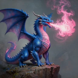a firebreathing dragon breathing blue and pink fire, pink flames from its mouth, standing on a cliff, hyperrealistic, highly detailed, intricate, elegant, smooth, dnd, fantasy art, concept art, oil painting by greg hildebrandt and tim hildebrandt and greg rutkowski