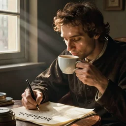 it's morning. sunlight is pouring through the window bathing the face of a man enjoying a hot cup of coffee. man is repeatedly writing the letters gm in a manuscript. a new day has dawned bringing with it new hopes and aspirations. painting by titian, 1 5 6 6