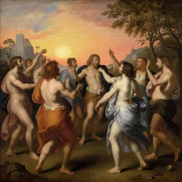 hieronymus bosch painting, people dancing and eating, sunset lighting, hyperrealism, futurism 4 k, octane render