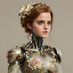 portrait of emma watson, robot steampunk, floral! intricate, elegant, highly detailed, ray tracing, 3 d render, ray tracing, artstation, concept art, smooth, sharp focus, illustration, art by artgerm and greg rutkowski and alphonse mucha, 8 k