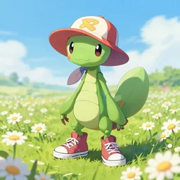 anthropomorphic ledian pokemon girl like a mantis in a floe standing in a field of daisies wearing converse shoes and a davey crockett hat, digital illustration by ruan jia on artstation