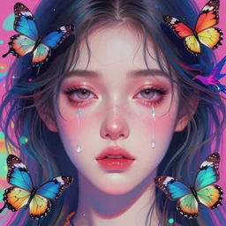 beautiful, young woman, detailed gorgeous face, sad eyes, surreal, crying, vaporwave aesthetic, synthwave, colorful, psychedelic, digital art, butterflies, birds, digital painting, artstation, concept art, smooth, uhd, ultra sharp focus, illustration, art by artgerm and greg rutkowski and alphonse mucha