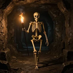 a skeleton wandering through an endless dungeon with a torch, very detailed