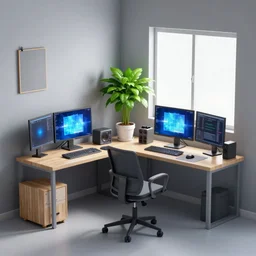 detailed scifi artstation scene of a complex computer workstation in a small studio apartment room, single potted plant, many monitors, many electronics, a window view of the city, maximalism, volumetric light, sunny amber morning light, sun beam, atmospheric haze, unreal engine, hyperrealism, realistic shading, blender render, photorealistic, wide shot