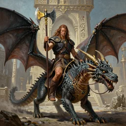 panoramic portrait painting of very handsome and savage barbarian riding a majestic dragon, asymmetric, full body view and focus of high detailed photo realistic face, wearing ancient barbarian clothing in the style of conan, centered, rule of thirds photo, hyper realistic, runic temple in the background, sharp focus, intricate oil painting, golden axe box art illustration style masterpiece trending on artstation pixiv fanbox by