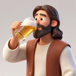 a Jesus drinking beer, photoshop, blender, artstation, animation, 3D,