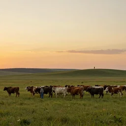 a beautiful prairie landscape at sunset with a lone rancher desperately trying to corral hundreds of cattle that are scattering by Edward Hopper