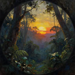 mystic jungle with sunset and backlight , high texture fisheye oil painting by frank frazetta